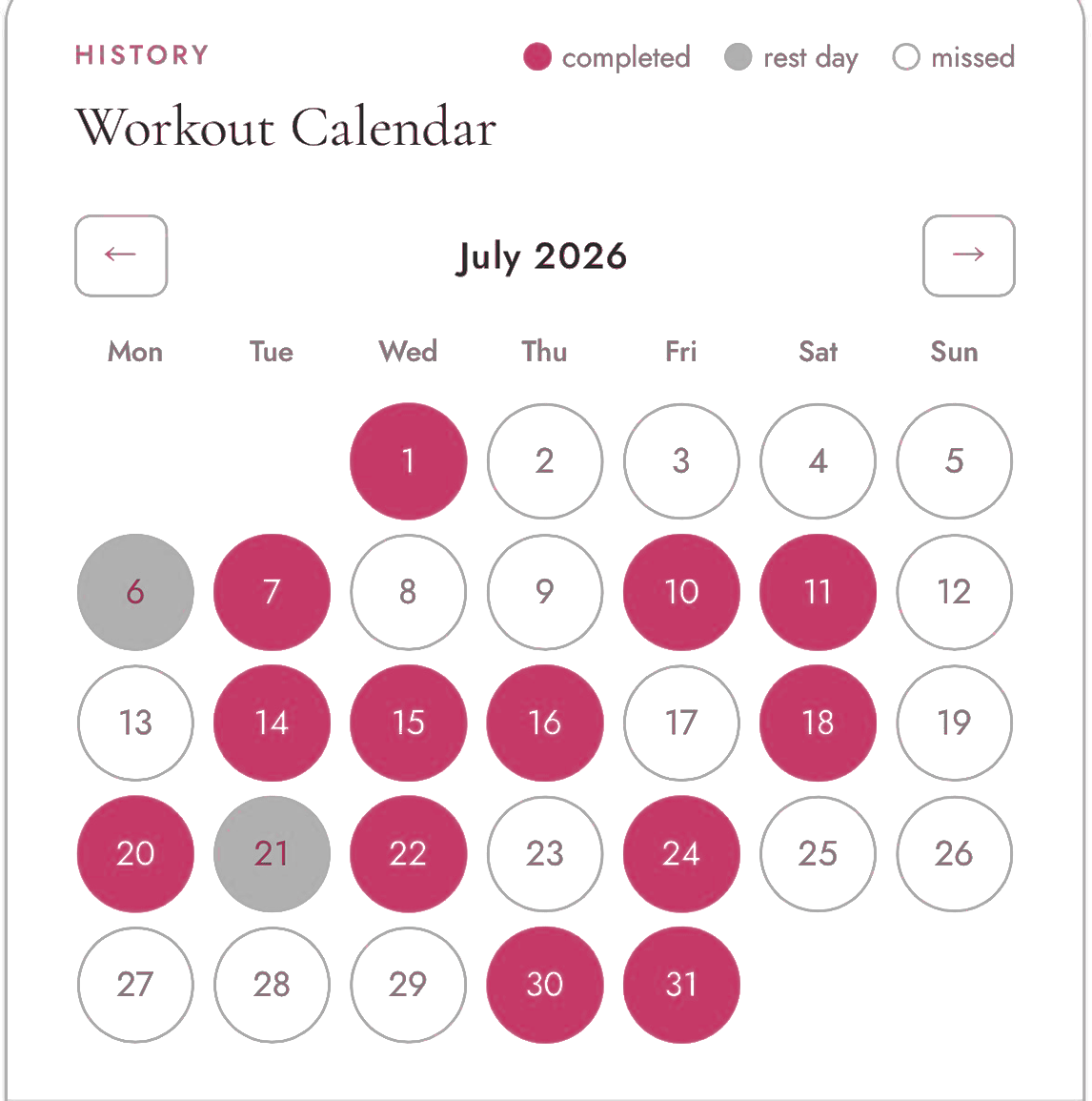 Zana's workout calendar for July 2026 showing completed, rest and missed days